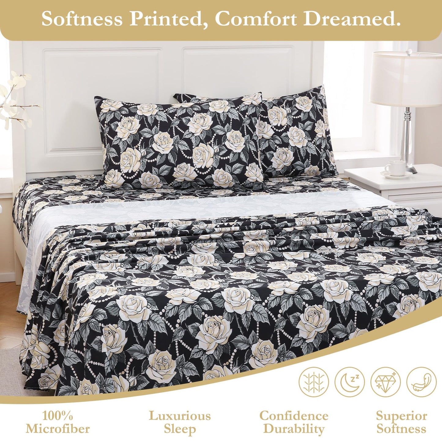 MICORAL Black White Rose Boho Floral Queen Sheet Set, 4-Piece Printed Botanical Bed Sheets, 16" Deep Pocket, Ultra Soft & Cooling Sheet, Oeko-TEX Certified, Black White Rose