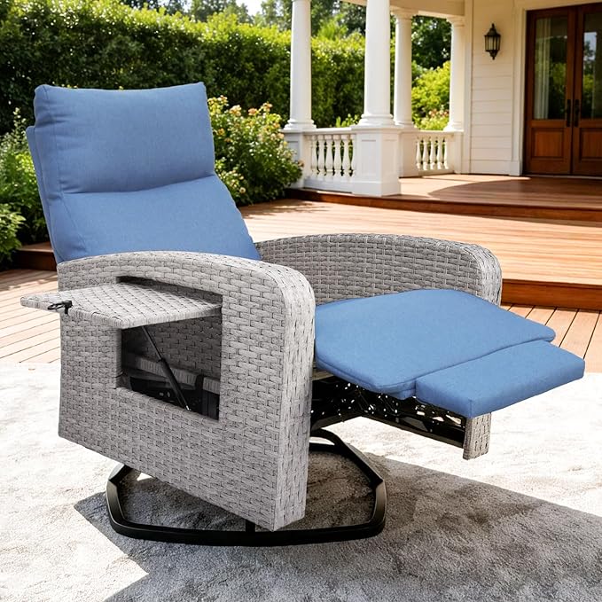 Outdoor Recliner Chair, Wicker Patio Recliners with Adjustable Backrest and Extended Foot Rest, Reclining Patio Chairs with Flip Table & Removable Cushion Cover for Porch