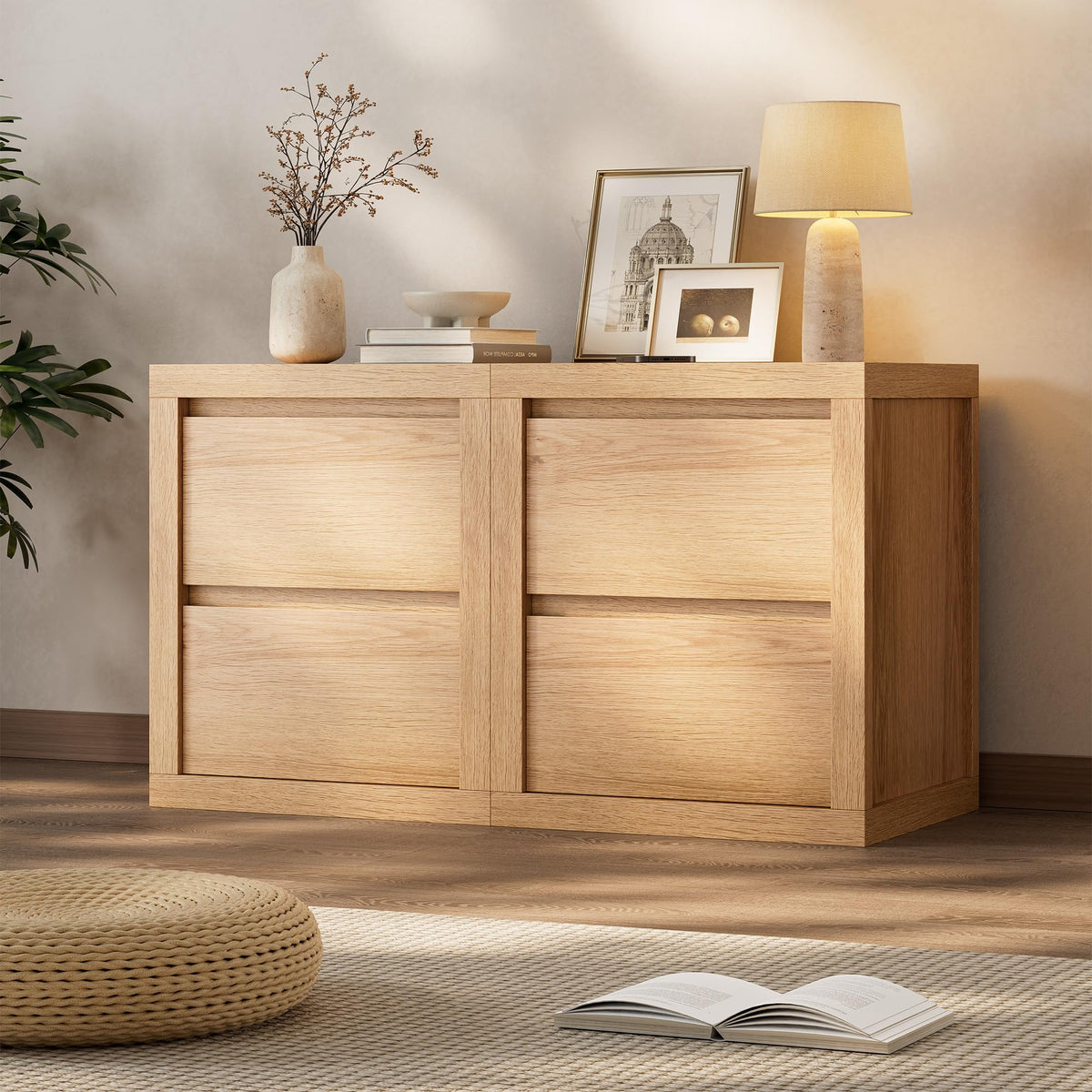 Cozy Castle Nightstand with 2 Drawers, Modern Bedside Table with Handless Design, Wood End Table with Thickened Design, Night Stand for Bedroom, Oak