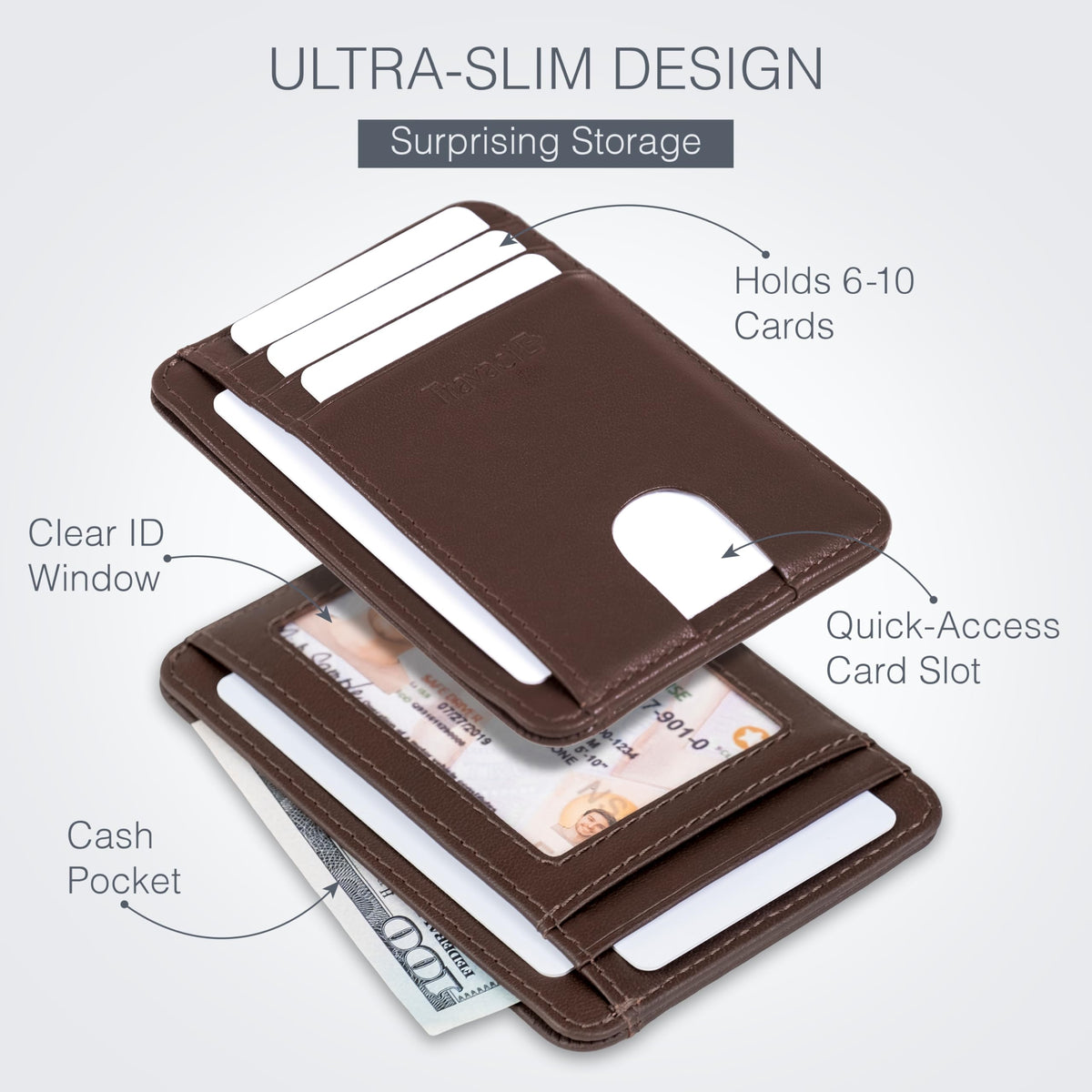 Travaci Full Grain Leather Slim Wallet for Men and Women - Small Minimalist Wallet and Leather Card Holder - Thin Front Pocket Credit Card Holder - Dark Brown