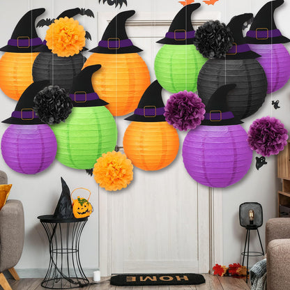 Retisee 18 Pcs Halloween Paper Lanterns Halloween Hanging Decorations Hanging Paper Lanterns with Witch Hat for Festival Indoor Outdoor Spooky Home Decor Party Supplies Props