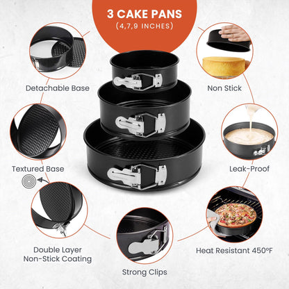 RFAQK Cake Tins for Baking 100 Pcs Springform Cake Tins Kit Includes 3 Round Non-Stick Cake Pan (4,7,9 inches Baking Tins)-Piping Bags and Nozzles-Leveler–Leak Proof Cheesecake Tin-Bakeware & EBook…