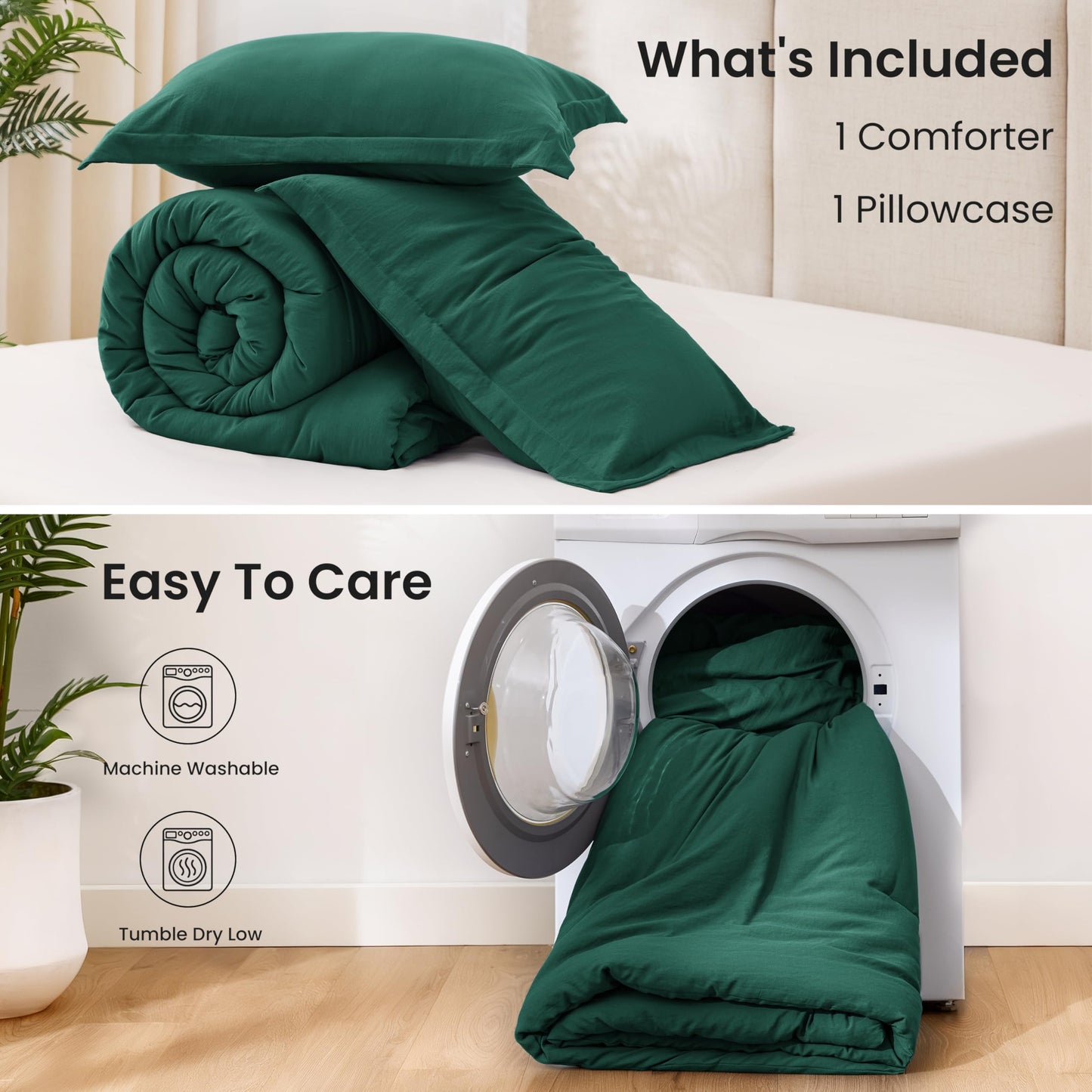 Love's cabin Dark Green Twin/Twin XL Comforter Set, 2-Piece Prewashed Bed Set with 1 Comforter (66 x 90 in) & 1 Pillowcase, Lightweight & Breathable for All Seasons
