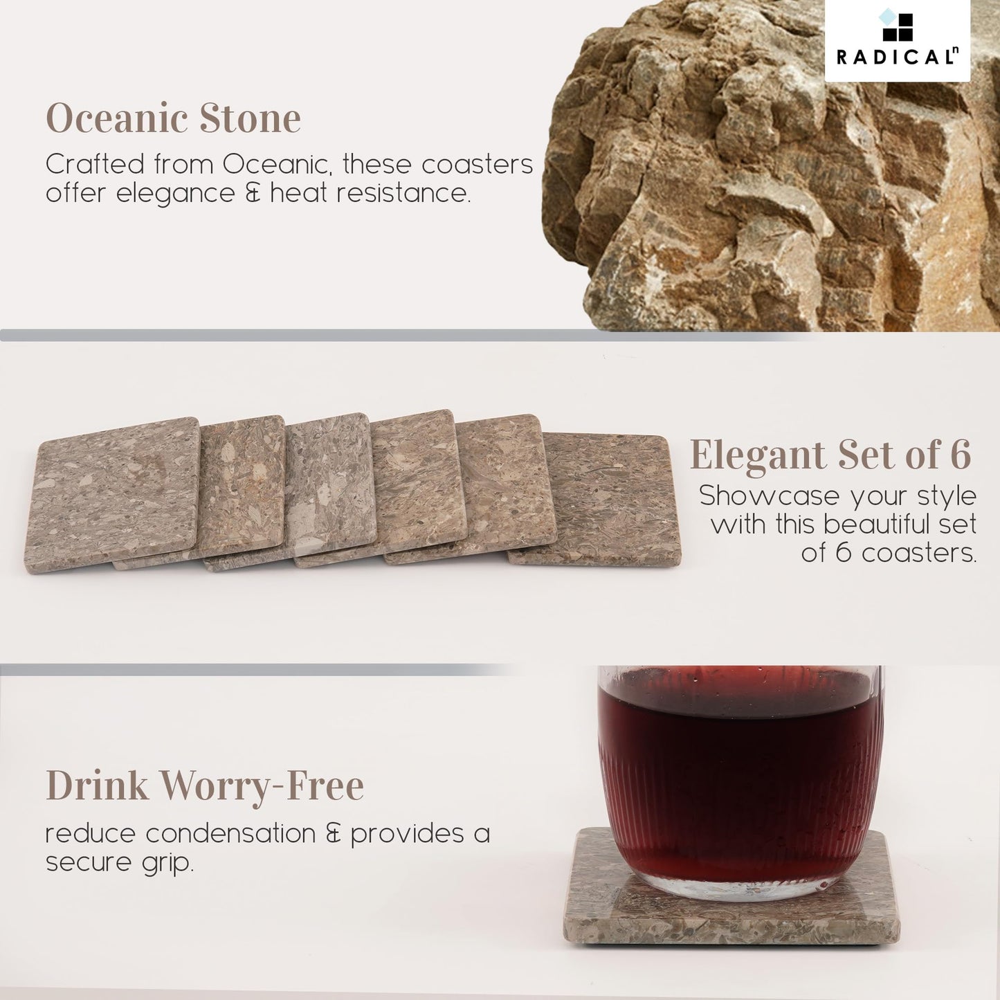 Radicaln Marble Coasters Set of 6 Handmade 3.5" Inch Oceanic Coasters for Drinks, Stylish Square Coaster Set with Holder for Coffee Tables
