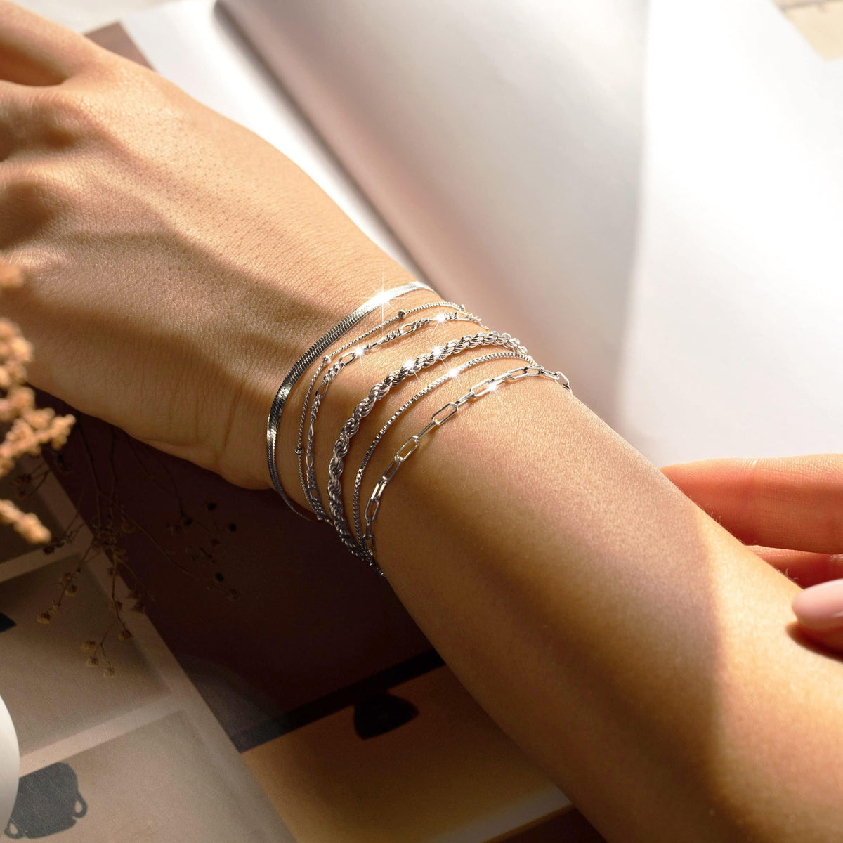 DEARMAY Dainty Silver Bracelets for Women Trendy, 925 Sterling Silver Jewelry Set Paperclip Box Herringbone Figaro Rope Chain Bracelet for Women Fashion Pack Gifts