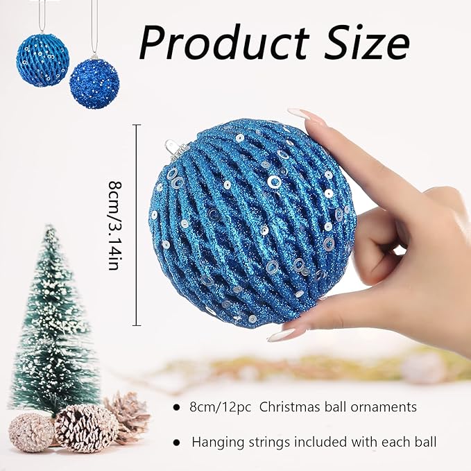 3.15" Christmas Ball Ornaments Glitter Shatterproof Christmas Tree Ornaments Sequin Xmas Hanging Balls Decorations for Wedding Party Holiday(Sapphire, 12pc-8cm)