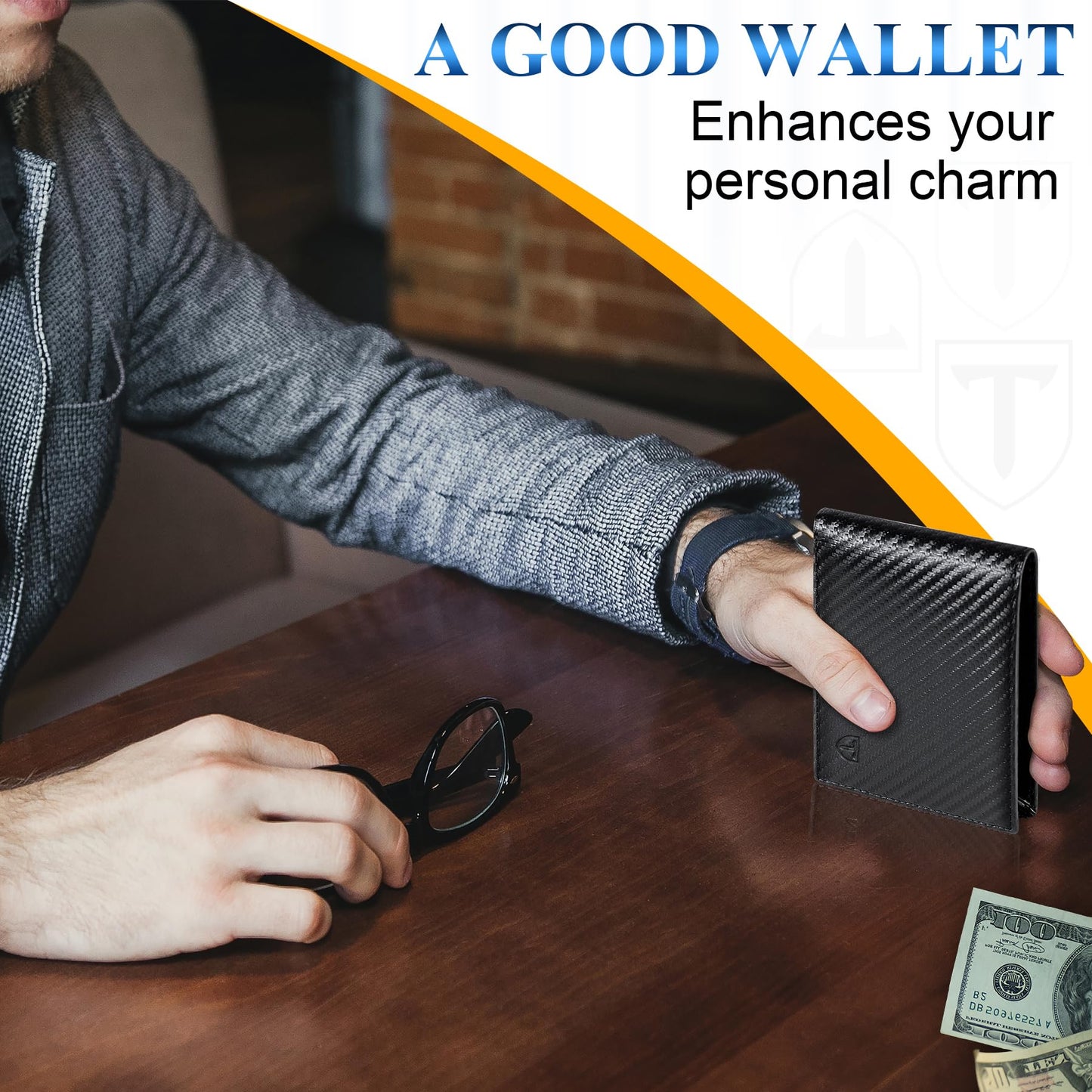 TEEHON Mens RFID Blocking Carbon Fibre Leather Wallet - Bi-Fold Card Wallet with 10 Card Slots, 2 ID Windows, 2 Cash Compartments - Black