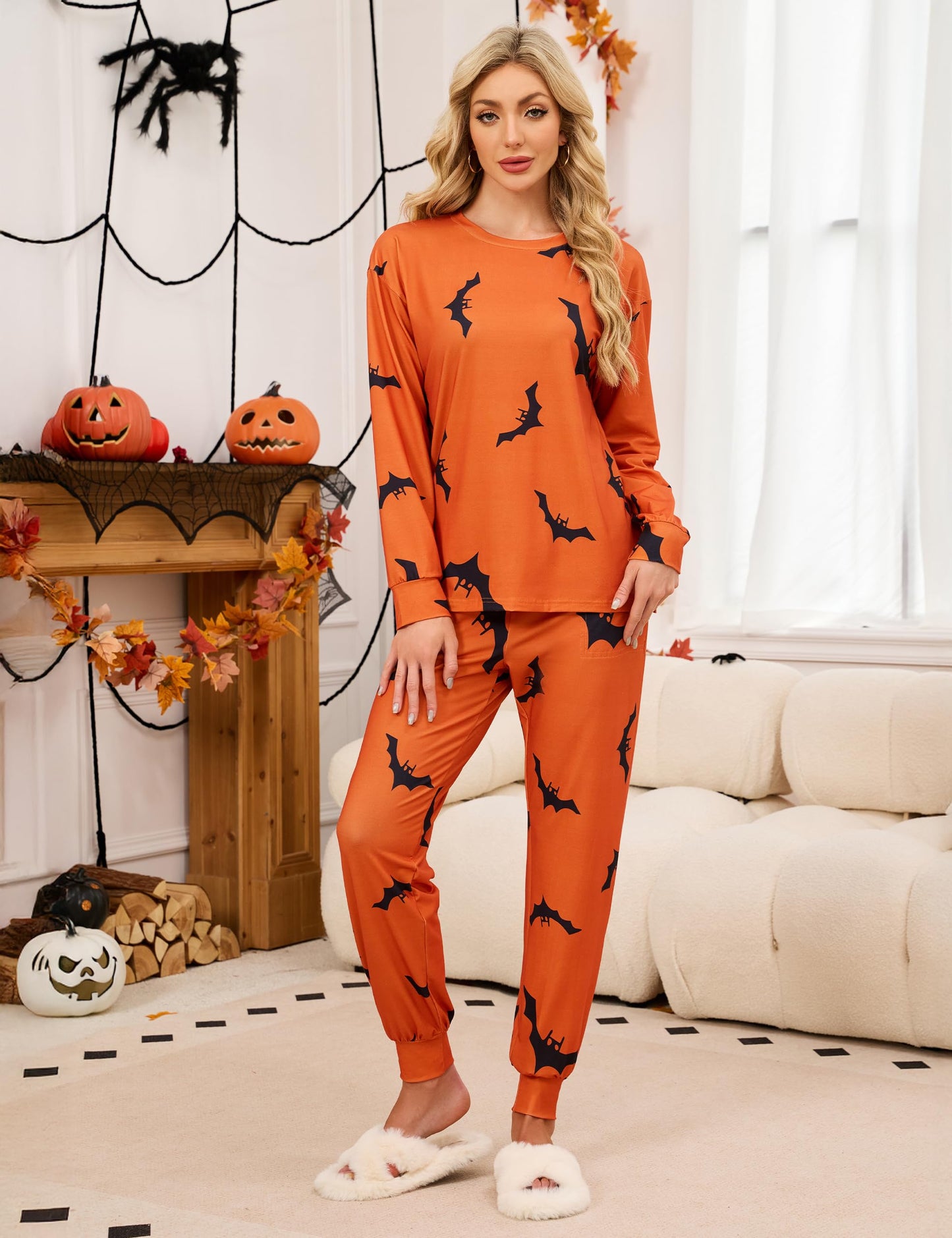 Blooming Jelly Womens Cute Pajama Sets Soft Halloween Pajamas Side Slit Sleepwear Loungwear with Pockets (L, Orange)