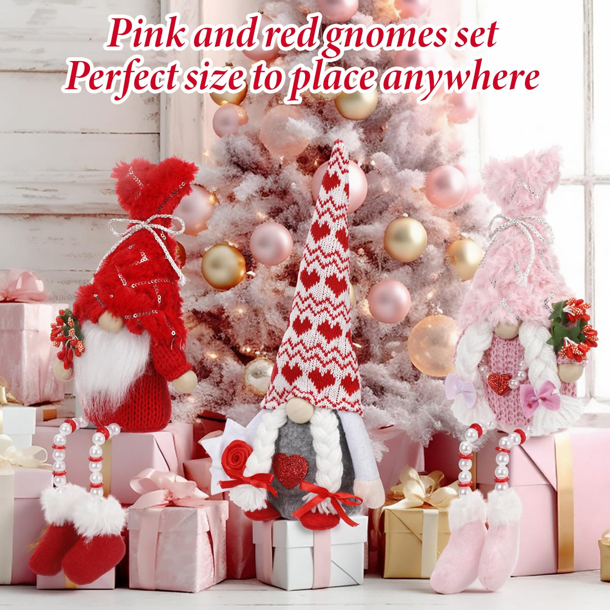 Sumind 3 Pcs Valentines Day Gnome Decorations Valentines Red Gnome Plush Gifts with Long Legs Pink Red Table Sitting Decorations Romantic Gift for Her Him Home Office Decoration