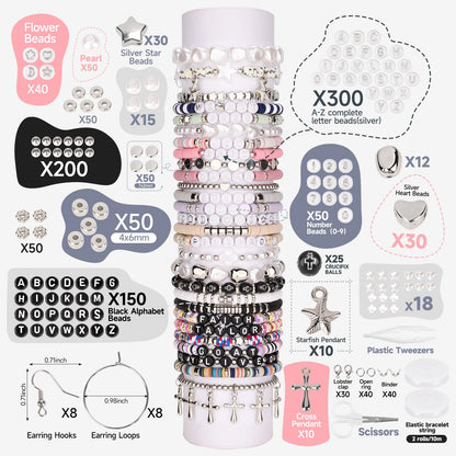 Pizooro Bracelet Making Kit 3 Boxes,Clay Beads for Jewelry Making,Silver Letter Bead with Cross Charm,Silver Earrings and Elastic String,Friendship Bracelet for Women,Birthday Gifts for Women Girls