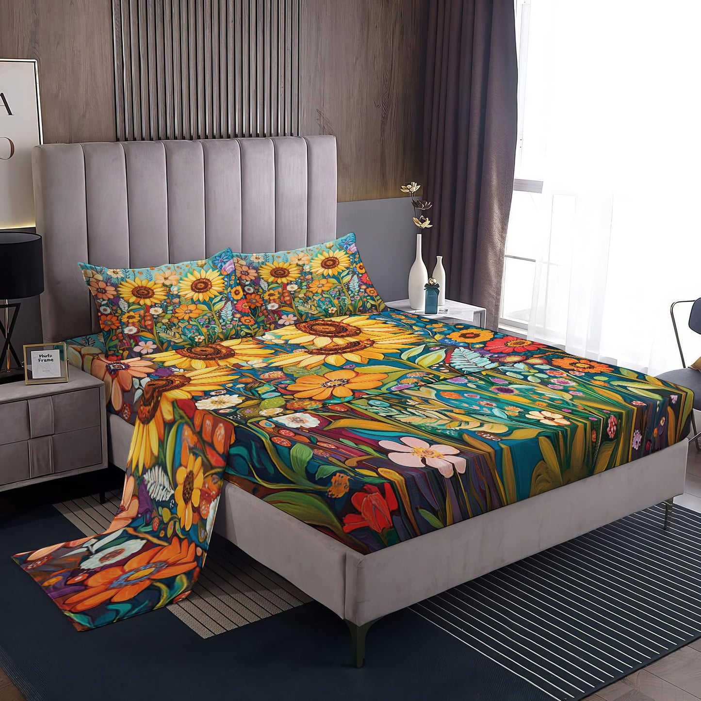 NOGAWA Colorful Flower Sheets Queen, Botanical Bed Sheets, Floral Bedding Sheets, Soft Microfiber Deep Pocket Fitted Sheet, Flat Sheet, 2 Pillowcases