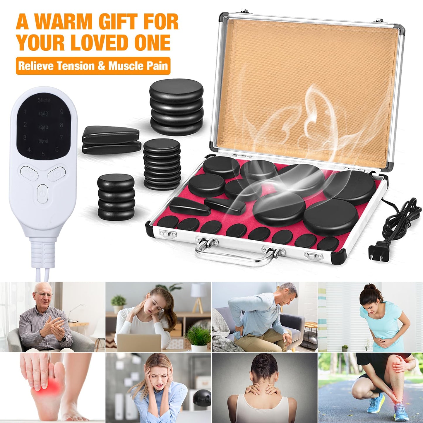 Yunsailing 18 Pcs Hot Stones Massage Set with Electric Heater Box 110v Basalt Massage Rock Kit for Professional Home Spa Warming Relaxing Relief, Constant 50°c (122°f)(Adjustable Temperature)