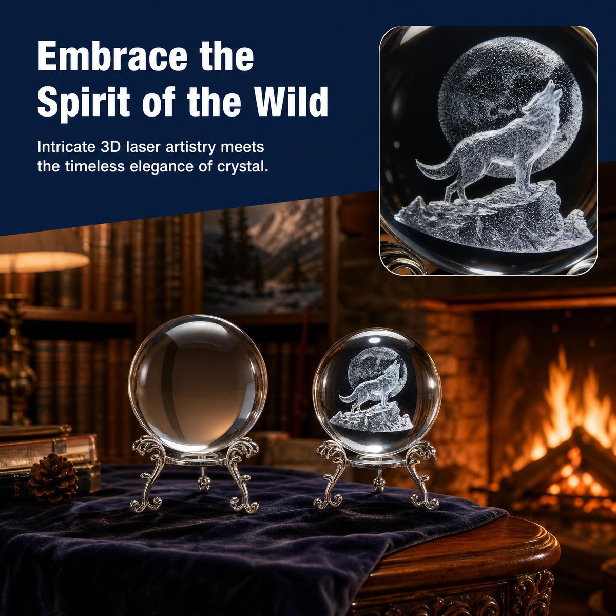 vskikris 2 Crystal Balls with Silver Stands - 3D Laser Engraved Wolf & Moon & Clear Crystal Sphere Set, Decorative Paperweights, Home & Party Decor, Photography Props, for Men & Nature Lovers