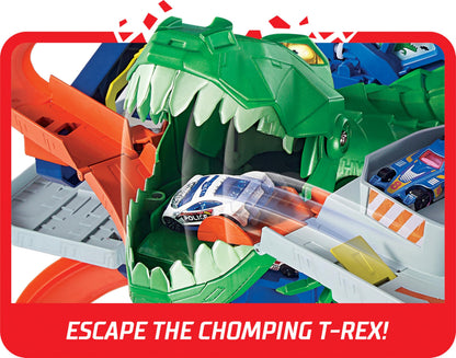 Hot Wheels City Ultimate Garage Playset with Multi-Level Racetrack, 91 cm Tall Moving T-Rex Dinosaur, Parks 100 Cars, Includes 2 Toy Cars, Toys for Ages 5 to 8, One Pack, GJL14