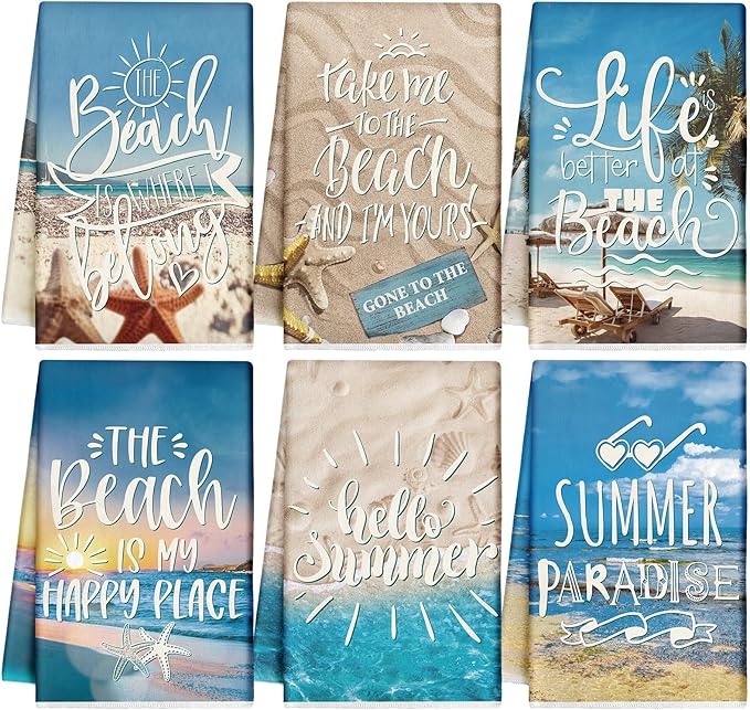 Breling Set of 6 Summer Beach Kitchen Towels Vintage Themed Dish Towel Bathroom