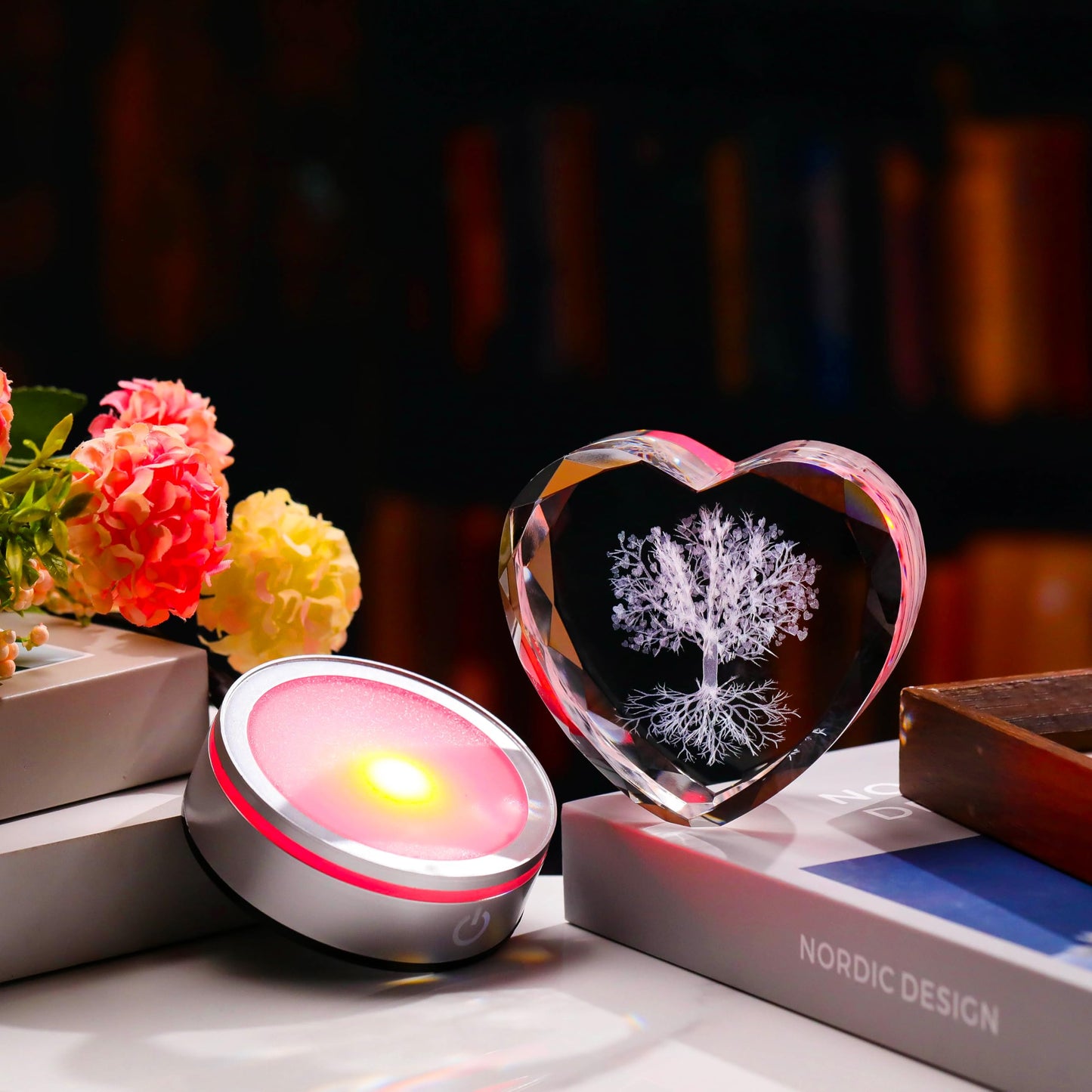 Qianwei Tree of Life Gifts for Women 3D Crystal Heart - Laser Tree of Life Decor Glass Animals Gifts Figurines Statue Stuff for Room Decorations Night Light