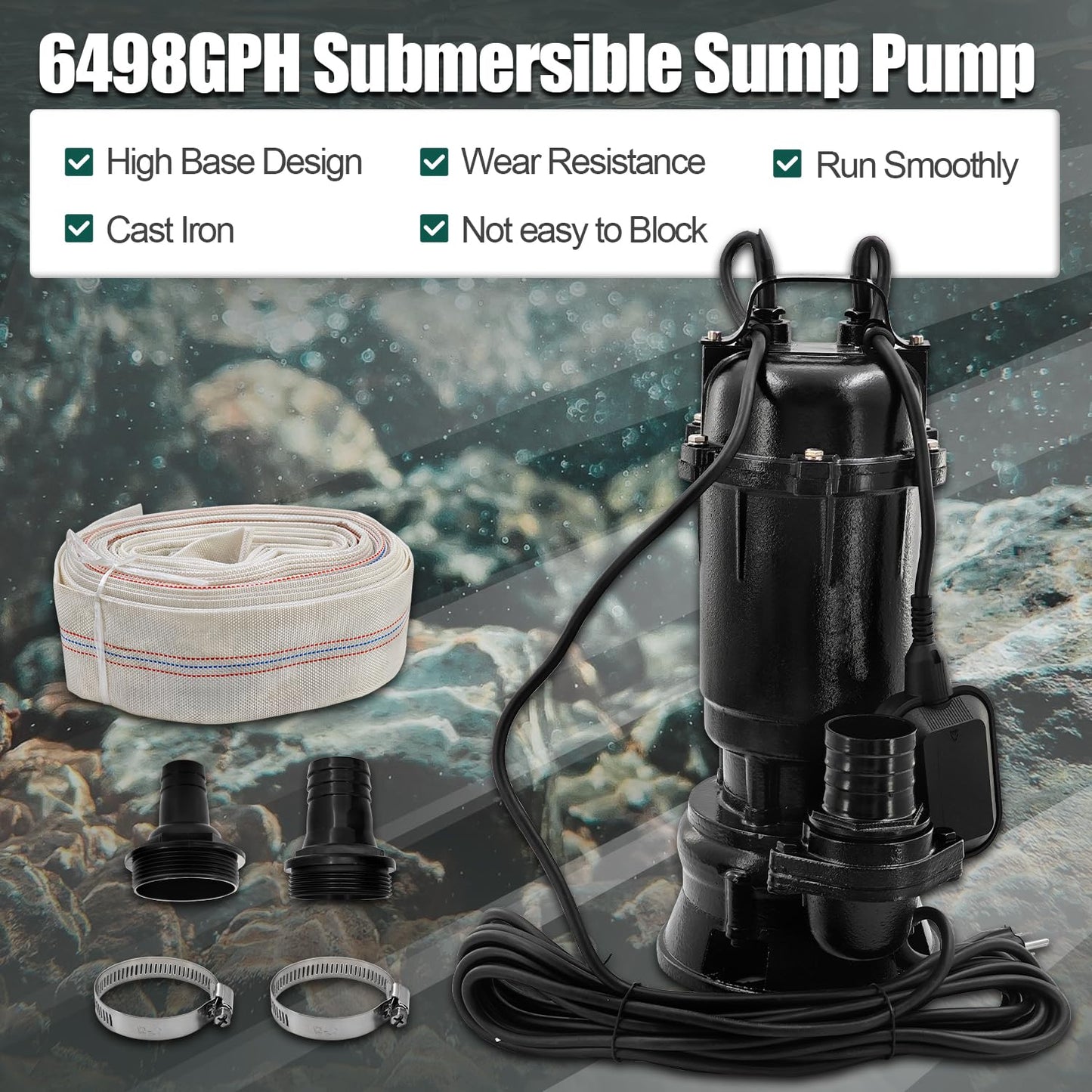 Dewinston 2HP Submersible Sump Pump 220V Cast Iron Sewage/Effluent Pump with Float Switch and 66ft Hose, 2'' NPT Discharge, 6498GPH, 1500w