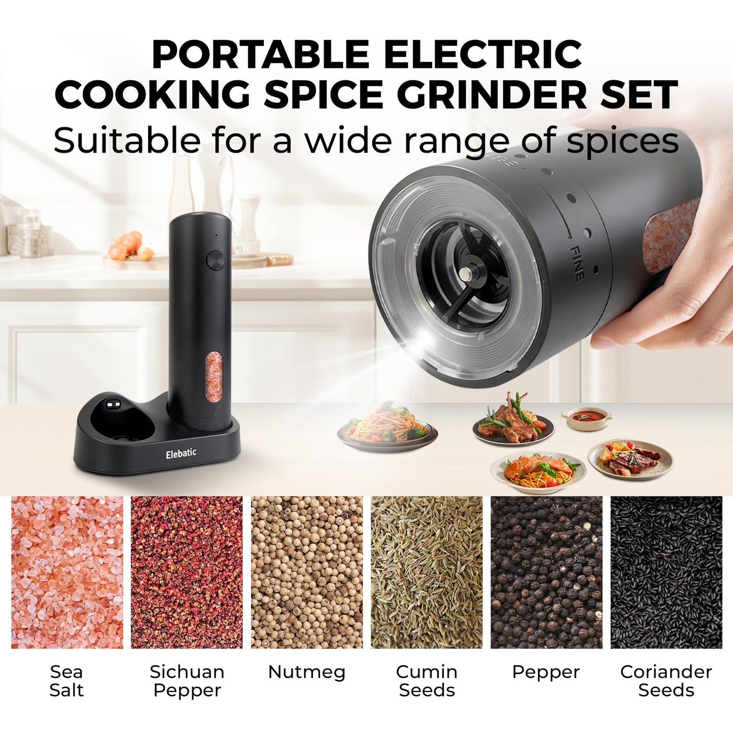 Elebatic 110ml Electric Salt and Pepper Grinder Set, Rechargeable salt and pepper shakers with LED Light, 2-Pack with Charging Base, External 6 Adjustable Coarseness, Holiday Gifts