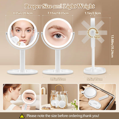 MOMOKUBA Makeup Mirror with Lights, Double Sided 1x/20x Magnifying Mirror with Light, Rechargeable 3 Color Lights and Adjustable Brightness, 360° Rotation Detachable Comes with Tweezer(White)