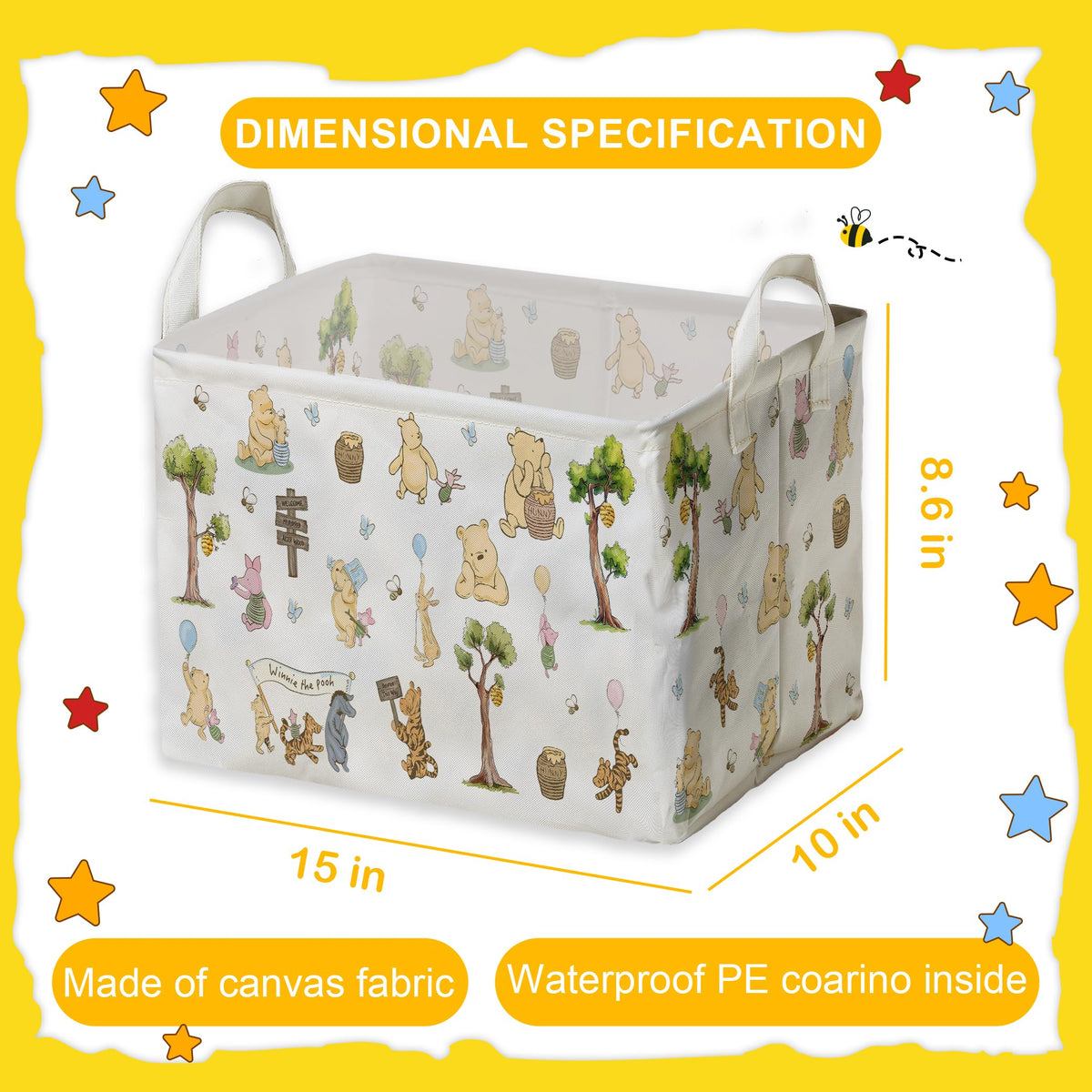 ZsaTuiy Winnie Storage Nursery Basket,Large squarecanvas Laundry Hamper WithWinnie baby Stuff A Waterproof PECoating, Foldable, Bathroom and Bedroom SetClothes ,Toys Bin, Baby Nursery HamperDecor