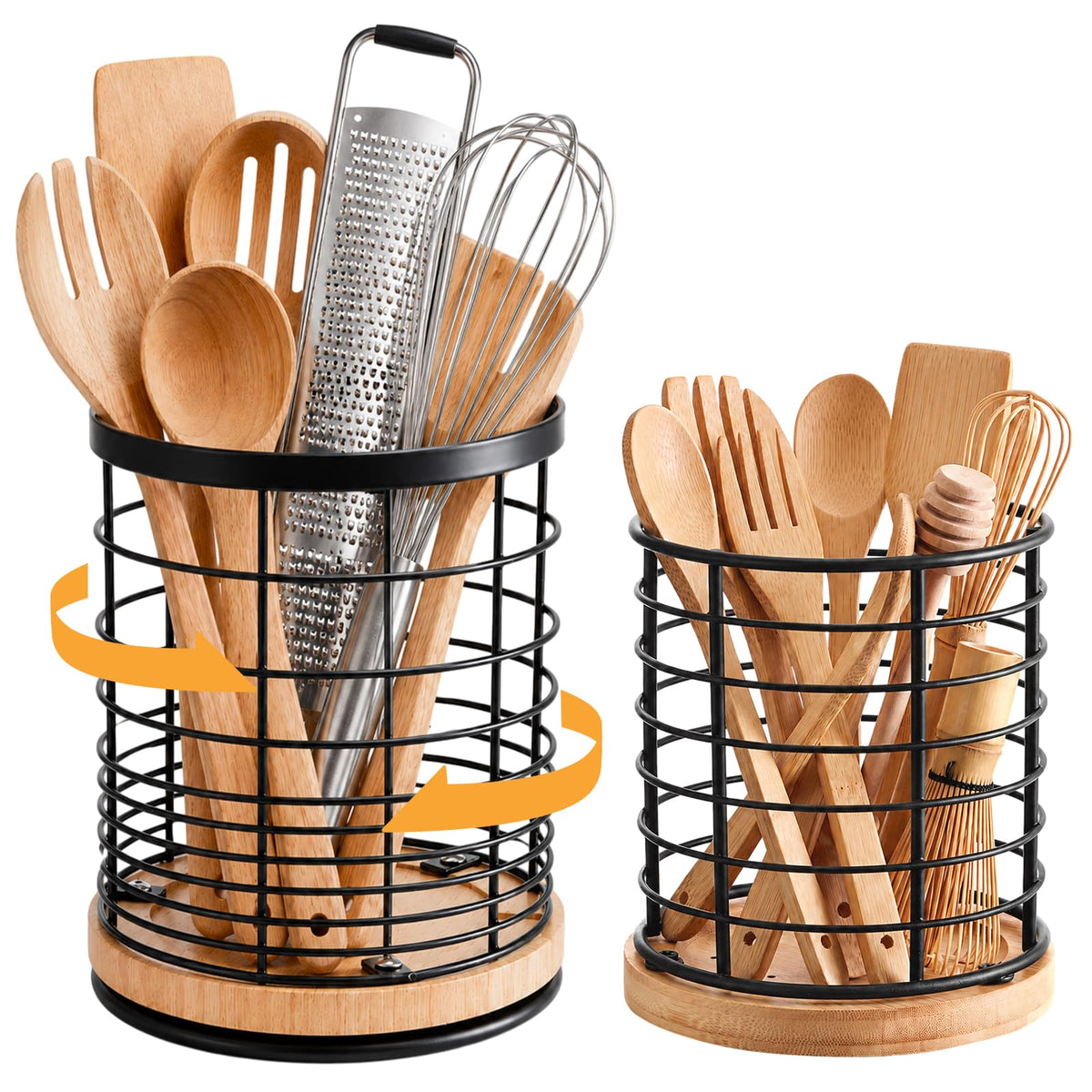 Domensi 360° Rotating Kitchen Utensil Holder Set of 2, Large & Small Bamboo Metal Utensil Crock for Countertop, Kitchen Organizer for Spatula, Spoon & Cooking Tools, Stable Base, 7.2" & 5.9"