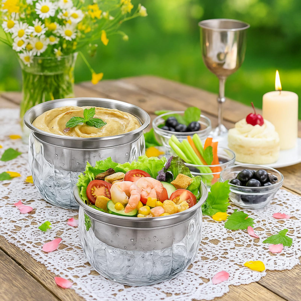 ZENFUN 2 Pack 20 Oz Chilled Dip Bowl with Acrylic Ice Bowl Base, Stainless Steel Ice Chilled Serving Dish Iced Salad Bowl Set for Chilled Pasta, Potato, Dressing, Fruit