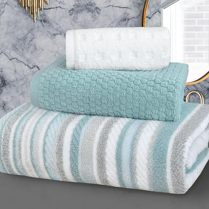 VOOVA & MOVAS 3PCS Bathroom Towels, 100% Cotton, Quick Dry, 1 Stripe Bath