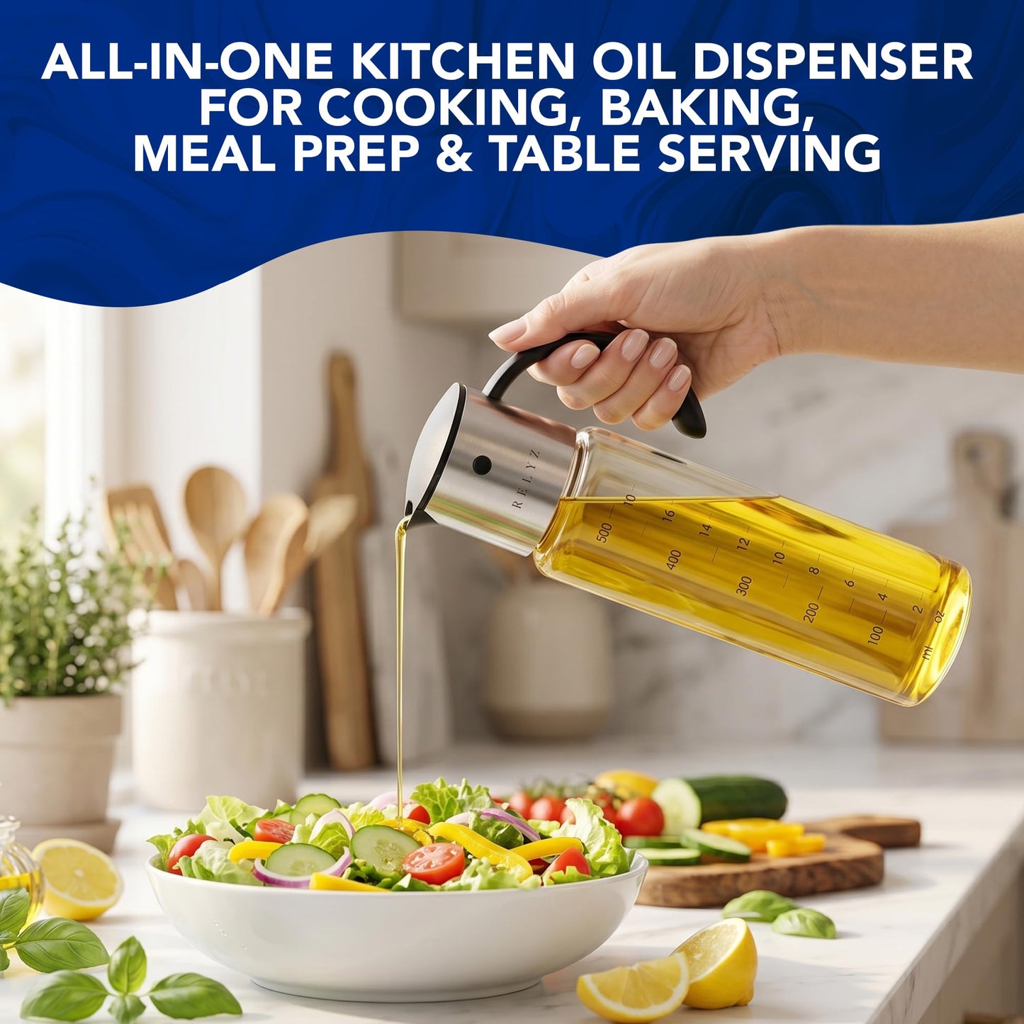 Large Glass Olive Oil Dispenser for Kitchen Cooking, Big 17oz Salad Dressing Container, Soy Sauce Bottle - Leakproof No Drip Stainless Steel Metal Pour Spout, Clear Measuring Markings, Dishwasher Safe
