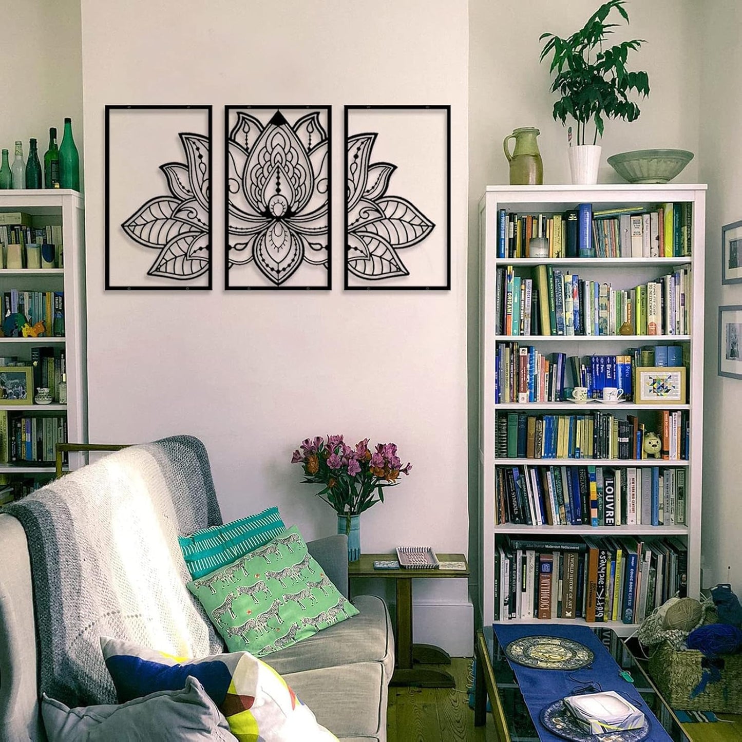 Resama 3 Pcs Lotus Flower Wall Art Decor Metal Mandala Wall Decor Unique Lotus Flower Wall Art for Living Room, Bedroom, Office and Yoga Room Hanging Decor(Black,Large)