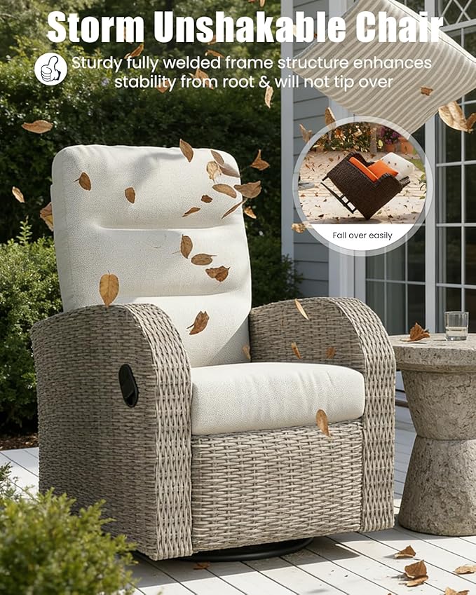 Outdoor Swivel Recliner Chair, All-Weather Wicker Reclining Patio Chair with Adjustable Backrest and Footrest