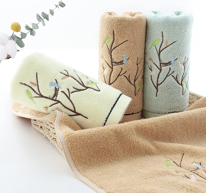 Pidada Hand Towels Set of 2 Embroidered Bird Tree Pattern 100% Cotton Absorbent
