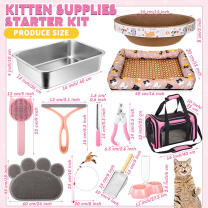 PullCrease 38 Pcs Kitten Supplies Starter Kit Cat Essentials Set Include Cat Scratcher Cardboard Stainless Steel Litter Box Bed Carrier Kitten Toys Accessories for Welcome Gift Supplies