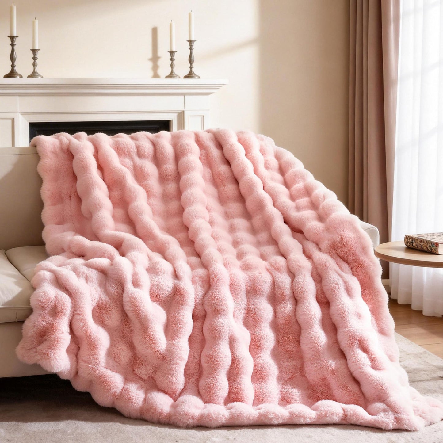 YIKUSH Faux Fur Throw Blanket for Couch, Blush Pink Fluffy Cozy Rabbit Bubble Fleece Blanket, Soft Fuzzy Blanket for Sofa & Bed, Warm Plush Thick Home Room Decor Throw 50" x 60"-1100GSM