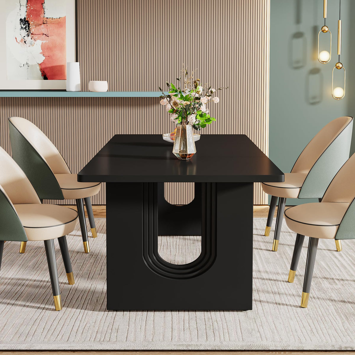 Tribesigns Modern Dining Table for 6 People, 71" Large Kitchen Dining Table with Wood Pedestal Base, Rectangular Long Dinner Table for Kitchen, Dining Room, Living Room, Black