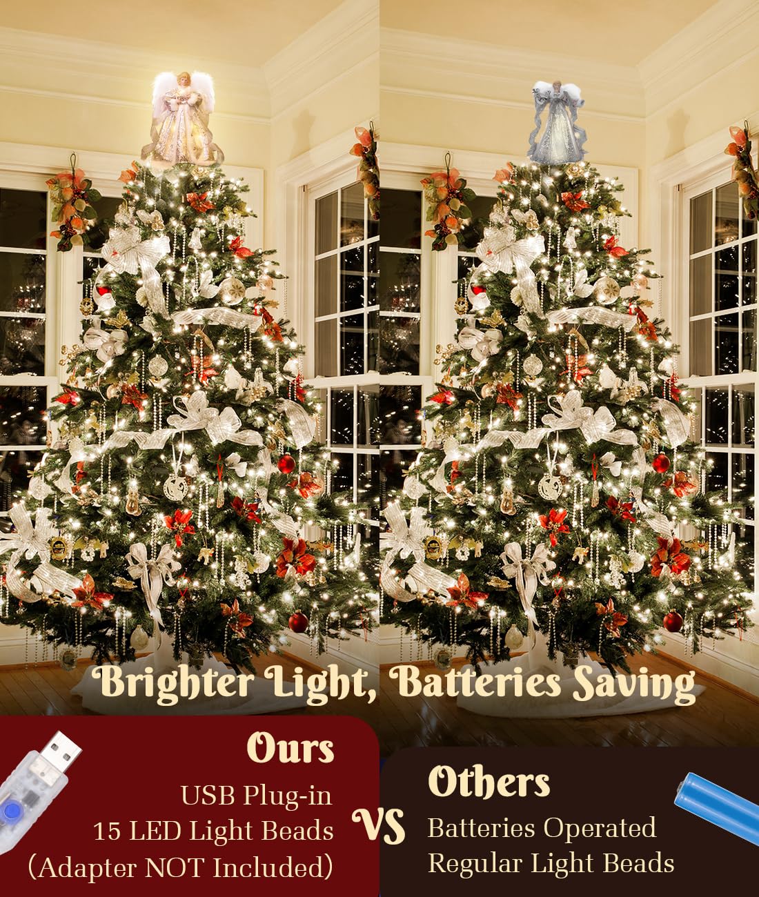 Luxspire Christmas Tree Topper, Angel Tree Topper with Lights, Angel Topper for Christmas Tree with Remote Control & Timer, USB Lighted Christmas Decorations for Holiday Home Indoor,White Dress