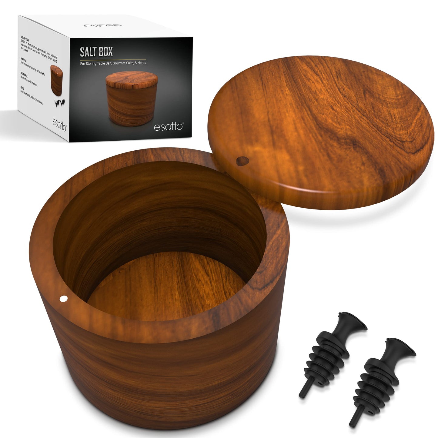 Esatto Round Acacia Wooden Salt Box, Magnetic Swivel Lid, Salt pepper or Spice Storage Box, 2 Wine Pourers Included