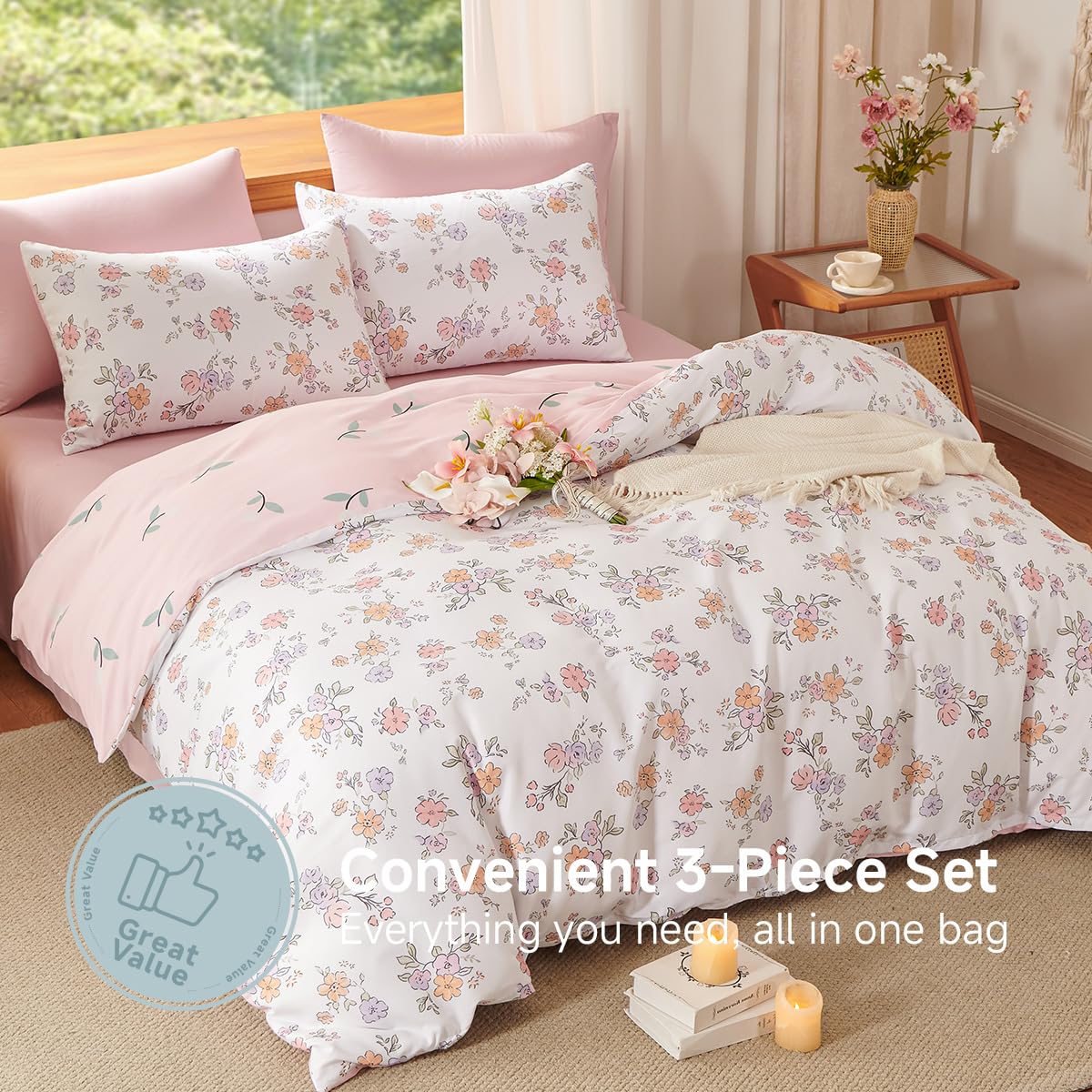 Erwinmu Floral Comforter Set King Size - 3 Pieces Pink White Floral Comforter Bedding Sets Reversible Pattern,King Bed in a Bag with Flowers Comforter and 2 Pillowcases