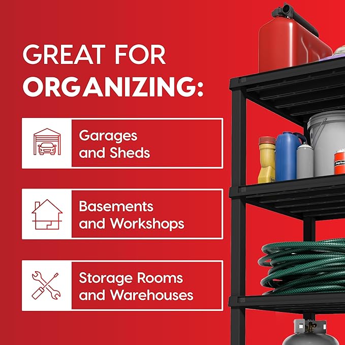 IRIS USA 5-Shelf Extra Heavy Duty Deep Plastic Storage Shelves, 1000lb Capacity, 75" H x 36" W x 24" D, Large Modular Shelving Unit Storage Organizer for Garage, Home, Warehouse & Gym, Rack - Black