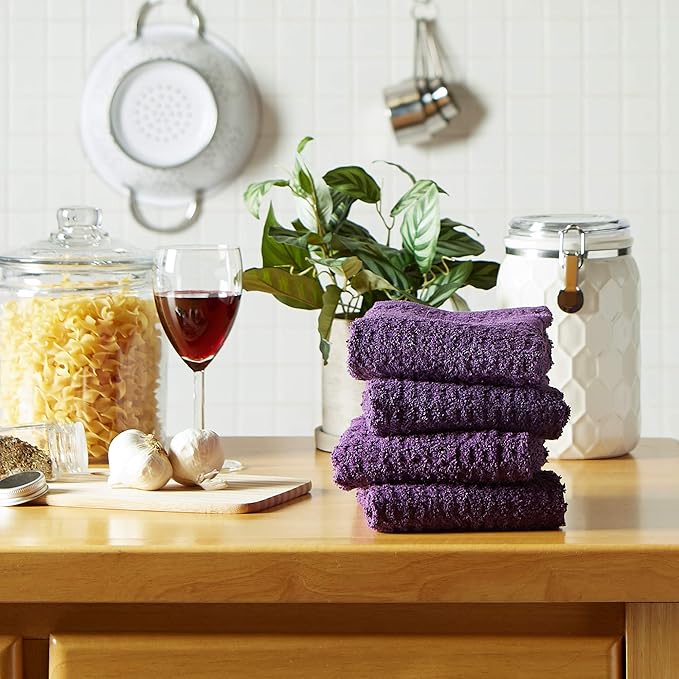 DII Basic Terry Collection Waffle Dishtowel Set, Solid Eggplant, 4 Piece