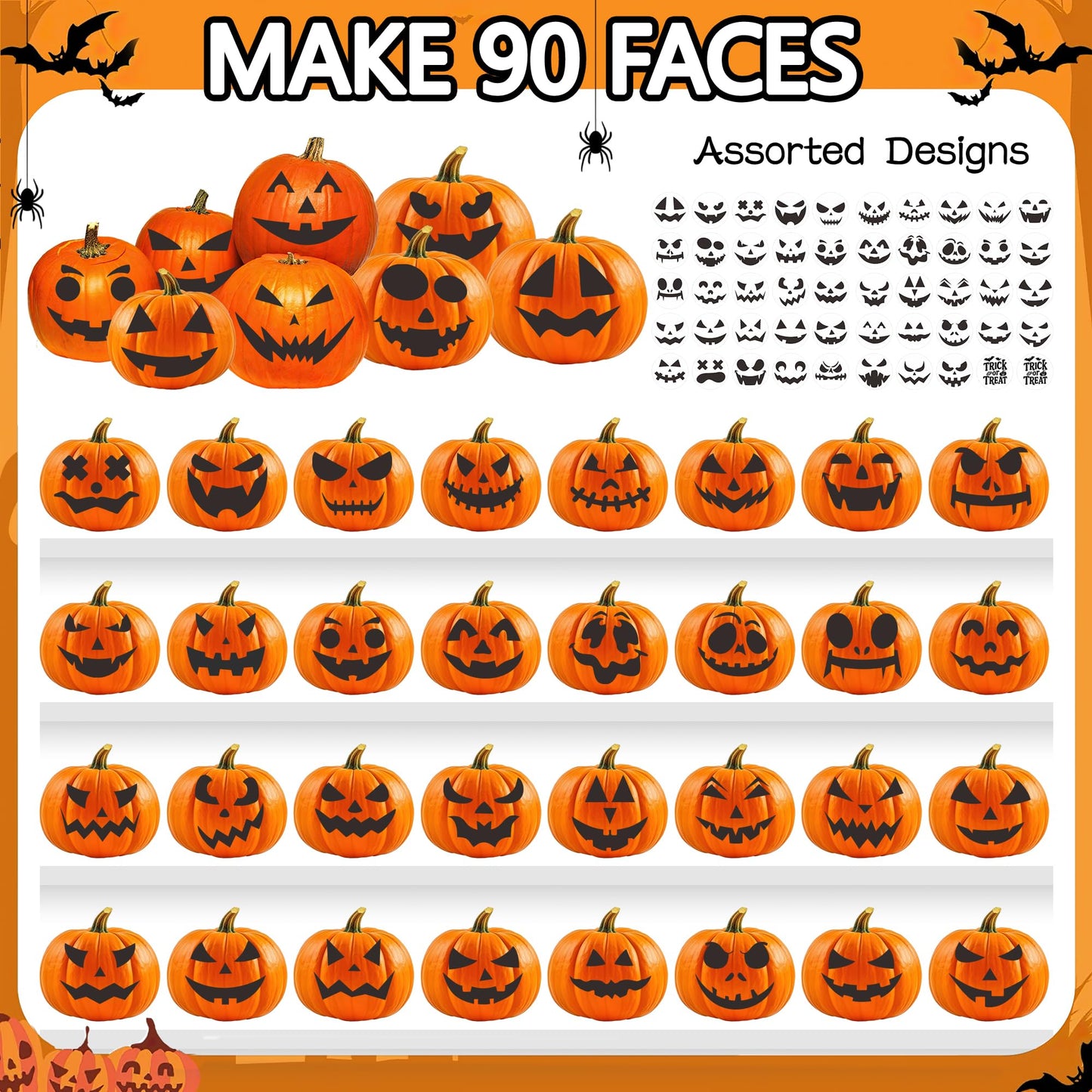 Calidum 90 Designs Pumpkin Decorating Stickers, Jack-O'-Lantern Face Craft Decals, Pumpkin Carving Stickers Kit, Halloween Decorations Supplies Games Gifts Trick or Treat Party Favors for Kids