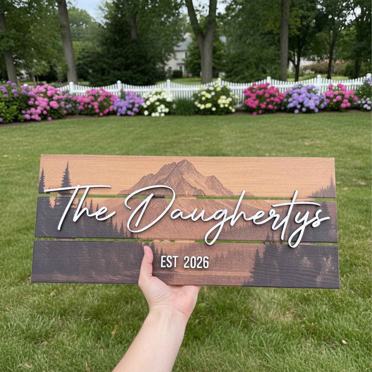 Custom Mountain Family Name Sign - Rustic Wood Wall Decor, Personalized Wedding & Gift for Couples Anniversary, Housewarming Gift for New Home 23x10" (Standard Size)