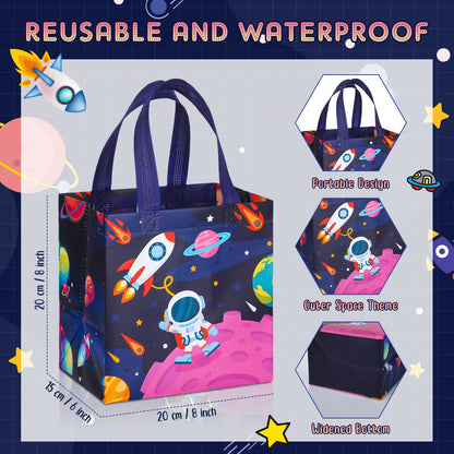 Kigeli 18 Pcs 6 Style Space Goodie Bags, Space Party Favors Large Non-woven Gifts Bags with Handles, Astronaut Planet Rocket Goodie Candy Tote for Baby Shower, Galaxy Theme Birthday Party Supplies