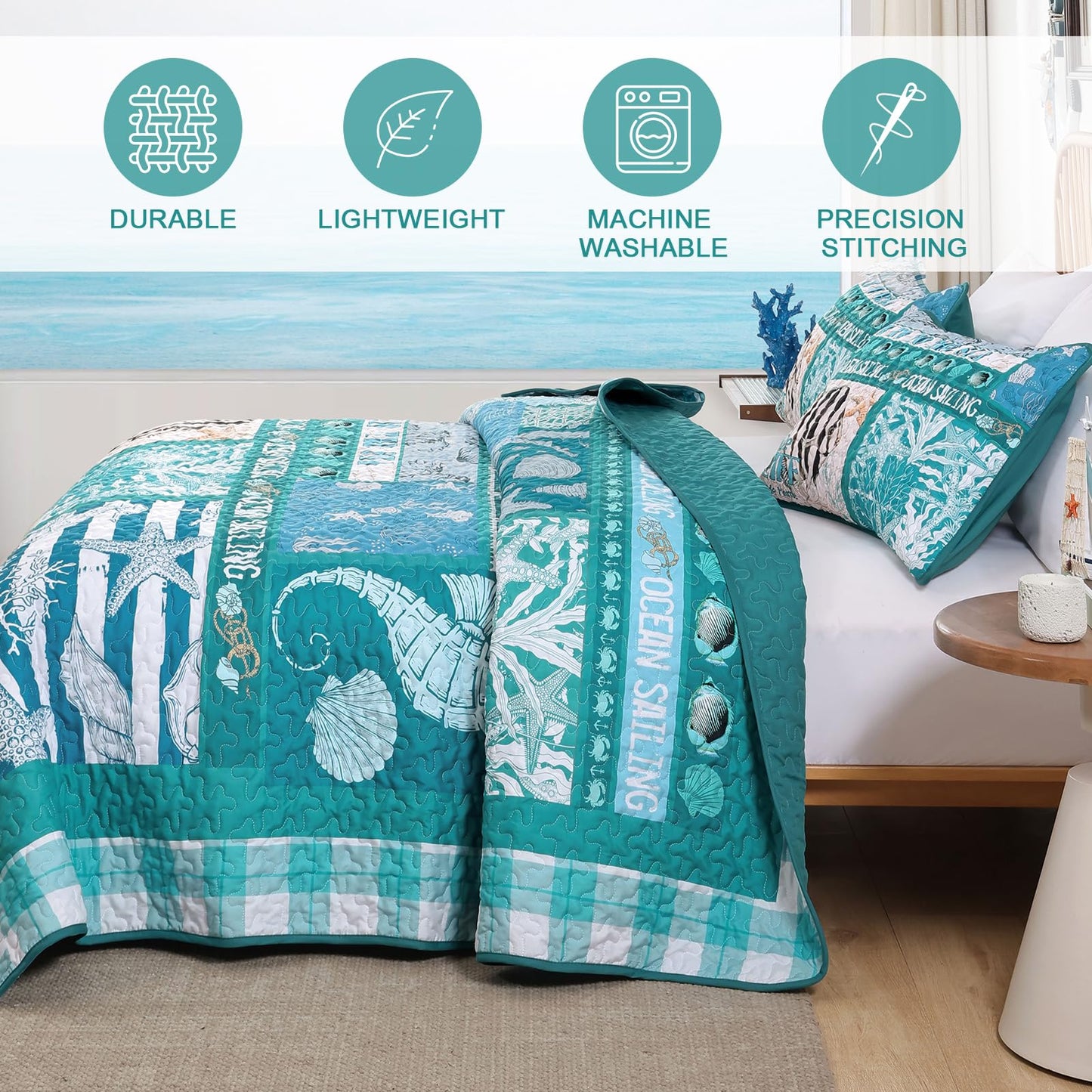 DJY Coastal King Size Quilt Set 3 Piece,Summer Beach Bedspread Coverlet Lightweight Green Ocean Theme Plaid Patchwork Bedding Set with Shams,Reversible Microfiber Comforter Set for All Seasons