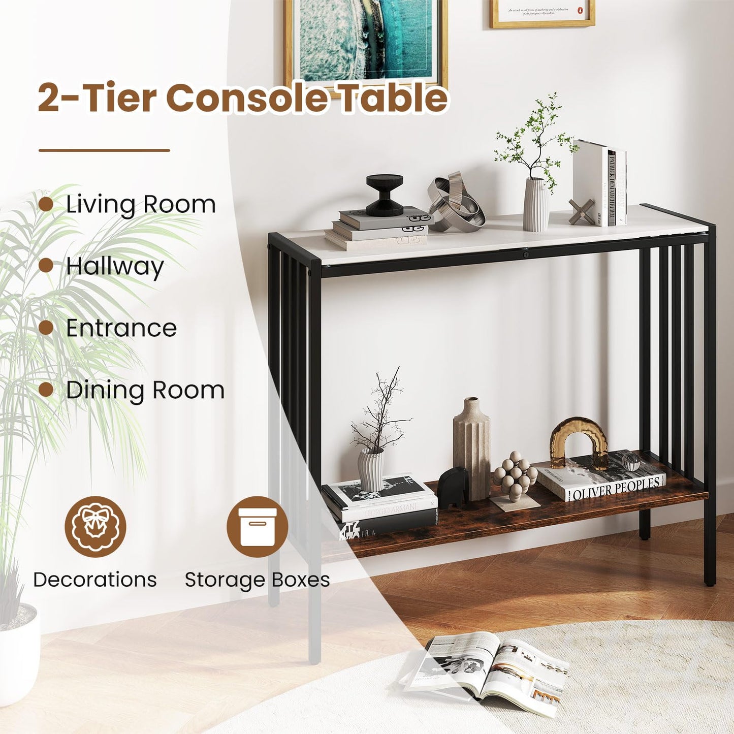 Giantex 36" Narrow Console Table, 2-Tier Industrial Entryway Table with Open Storage Shelves & Metal Frame, Faux Marble Sofa Table Behind Couch for Living Room, Hallway, Foyer, White & Rustic Brown