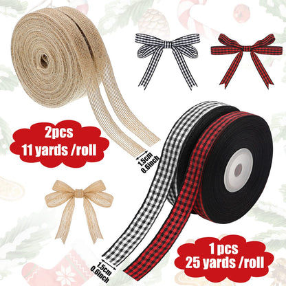 Xinnun 4 Rolls 100 Yards Christmas Ribbons Black Red Buffalo Plaid Fabric Ribbon Black and White Checked Gingham Ribbon Natural Burlap Ribbons Rustic Wrapping for DIY Craft Party Decor(0.6 Inch)