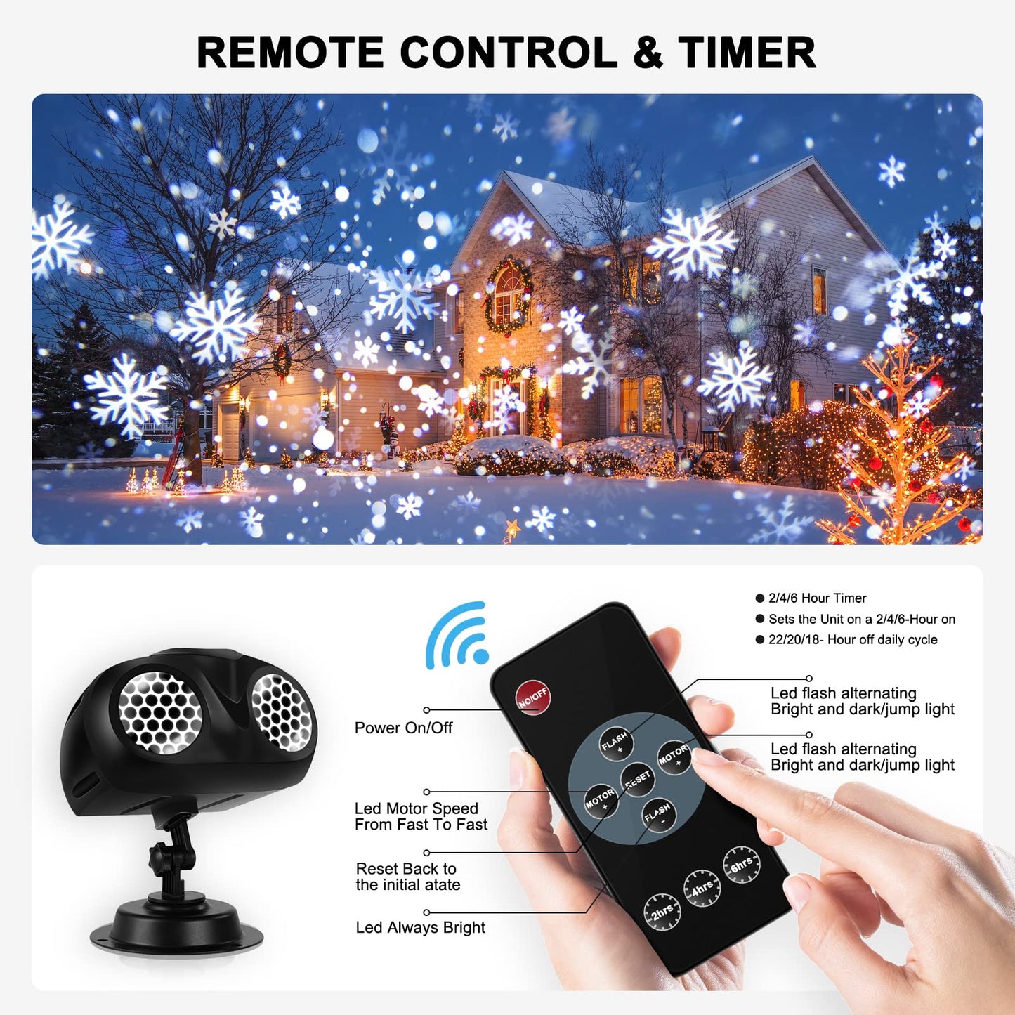 Christmas Snow Projector Lights, Dynamic Rotating Snowflake Projection Light Outdoor, IP65 LED Snow Spotlight Lightning for Halloween Xmas New Year Party Wedding Holiday Garden (Black)