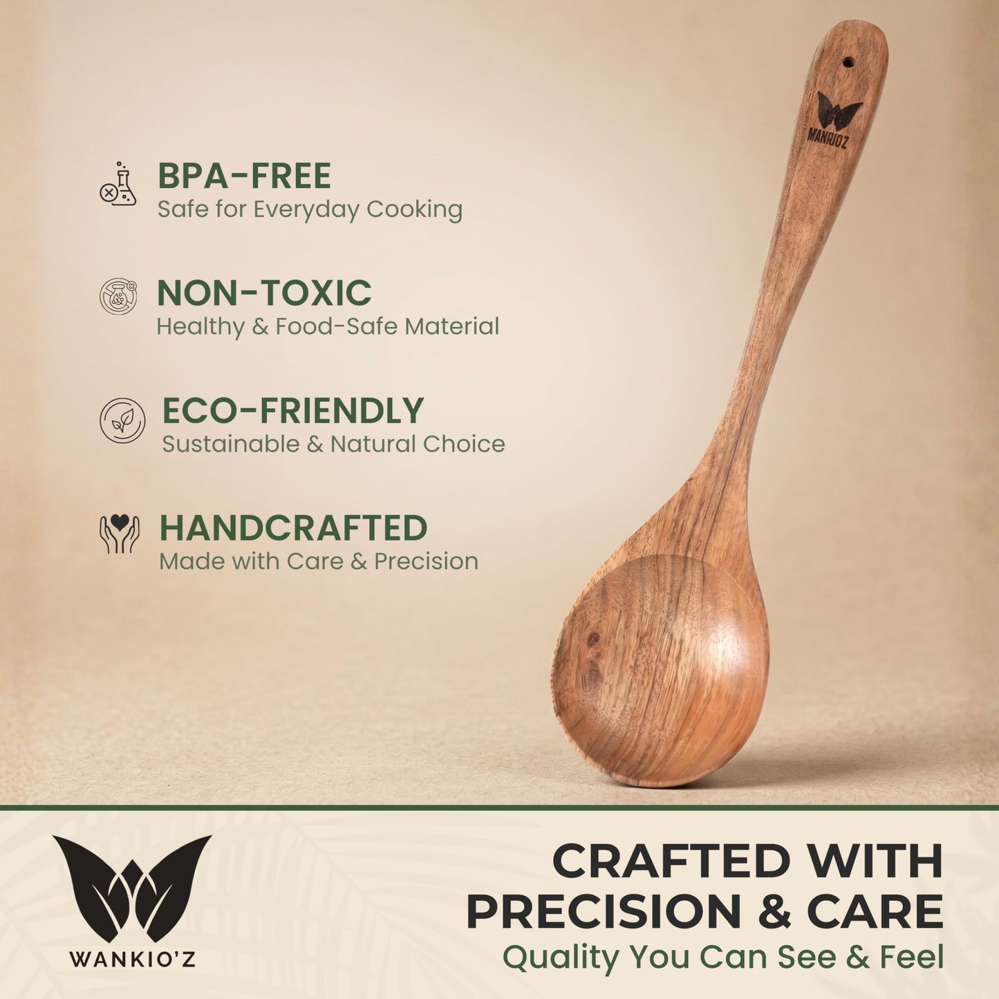 WANKIO'Z Acacia Wood Cooking Spoon – 12" Handcrafted Wooden Serving Spoon | Deep Bowl Design | Safe for Nonstick Cookware | Ergonomic Handle | Natural Kitchen Utensil