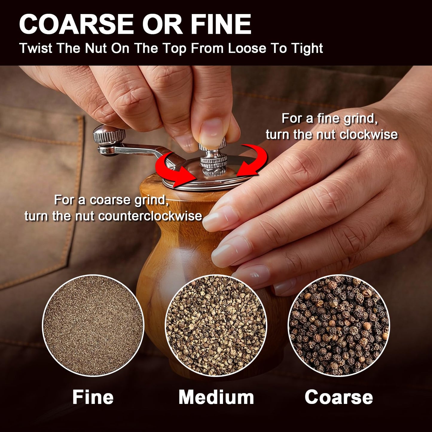 Pepper Grinder with Crank Handle, Adjustable Refillable Spice Mill