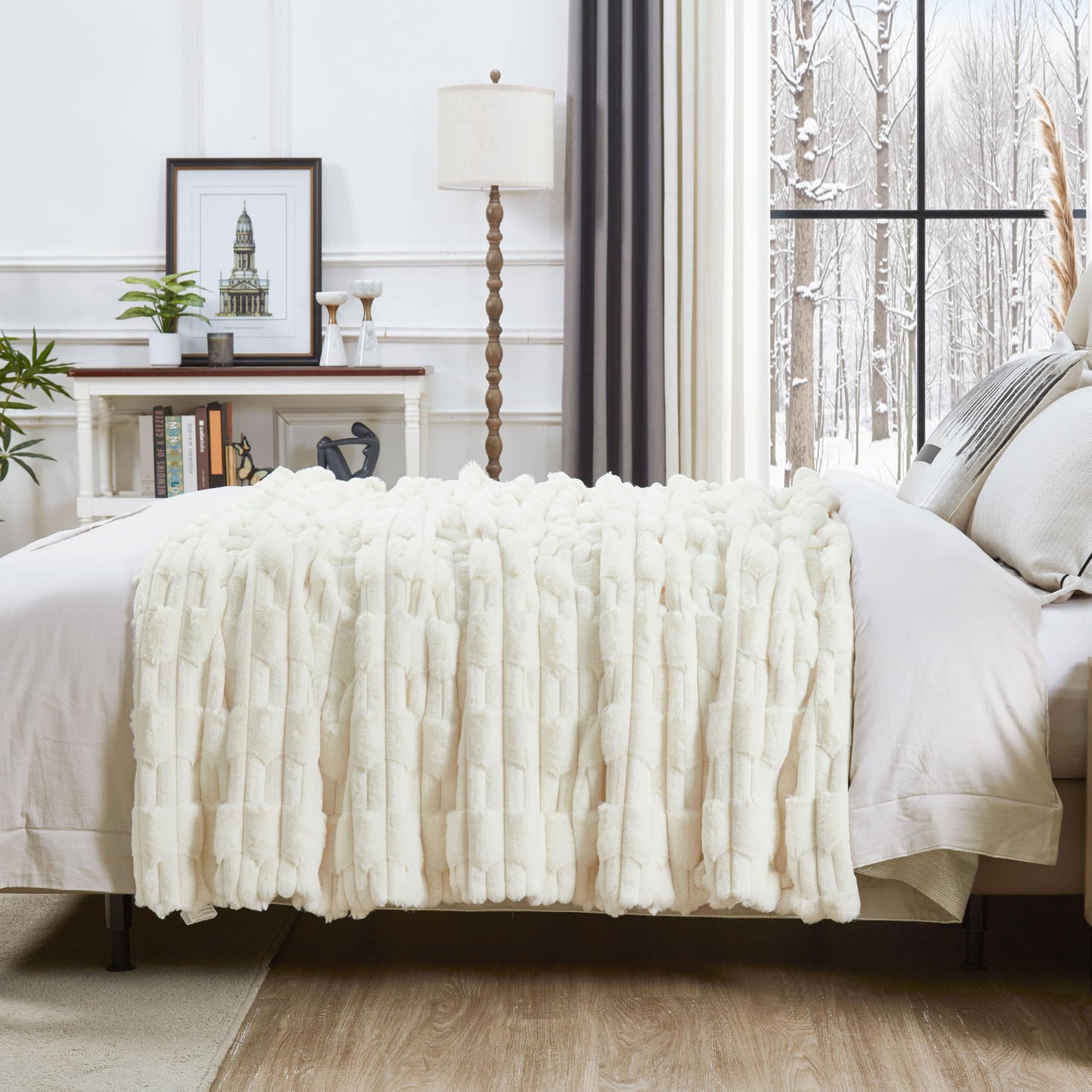 JONIYEAR Soft Fluffy Striped Faux Rabbit Fur Throw Blanket for Couch 50" x 60", Decorative 3D Geometric Warm Fuzzy Fur Blankets for Winter, Reversible Shaggy Cozy Furry Blanket for Sofa, Cream White