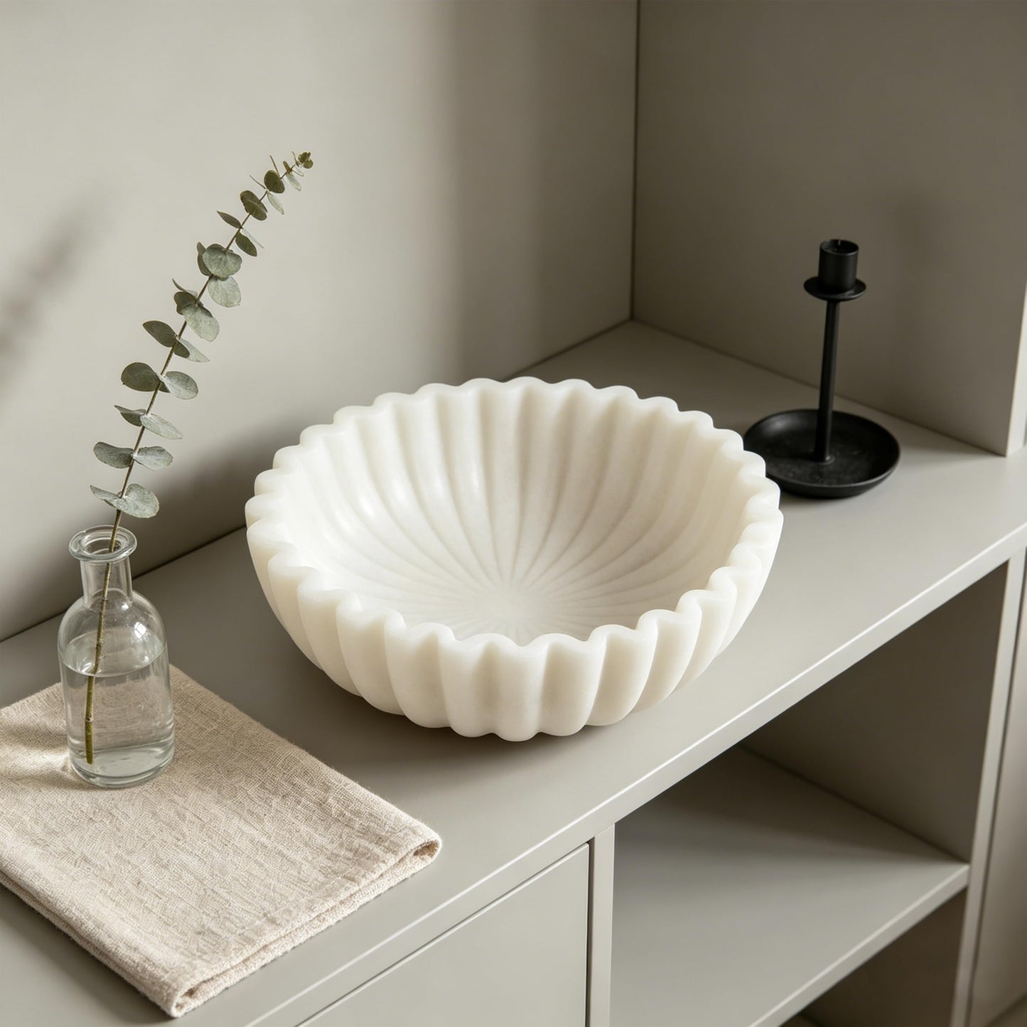 iAmoy White Decorative Bowl, Marble Style Catchall Bowl for Entryway Console Coffee Table Shelf, 10” Scalloped Fluted Decorative Centerpiece Living Room Decor Dresser Organization